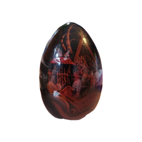 Handpainted Russian Laucqered Wooden Egg Home Scene Unsigned - Picture 2 of 4